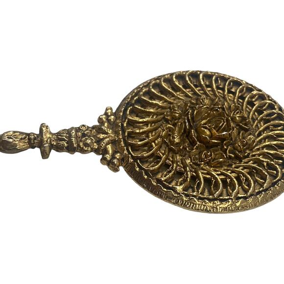 Antique Gilt Scrolled Roses Flapper Small Handheld Mirror Old Hollywood Art Deco - Picture 11 of 12
